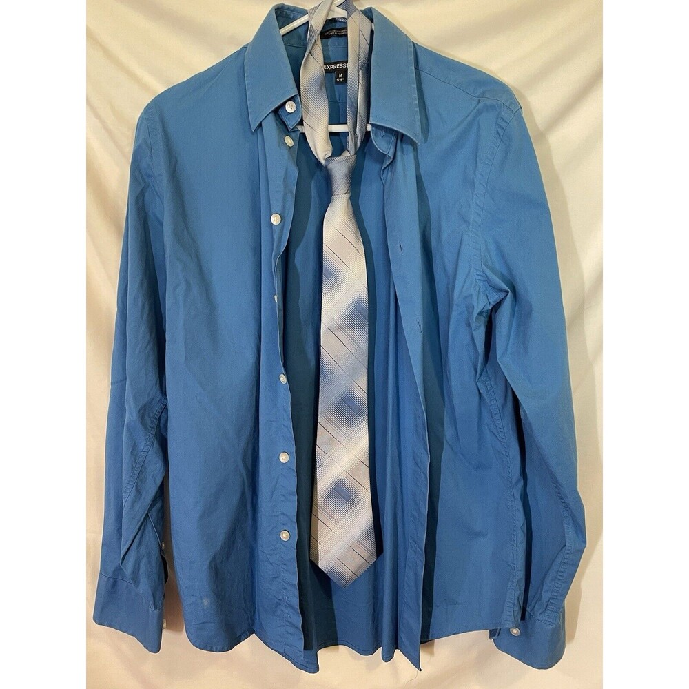Express 1MX Men’s Shirt Medium Blue Long Sleeve With Tie